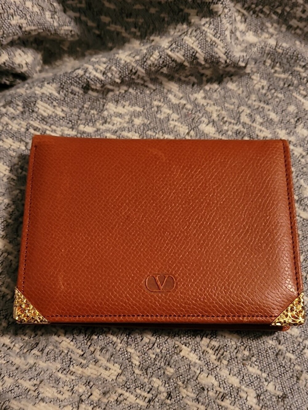 Valentino Garavani Textured Leather Card Wallet in Cognac Brown/Gold accents